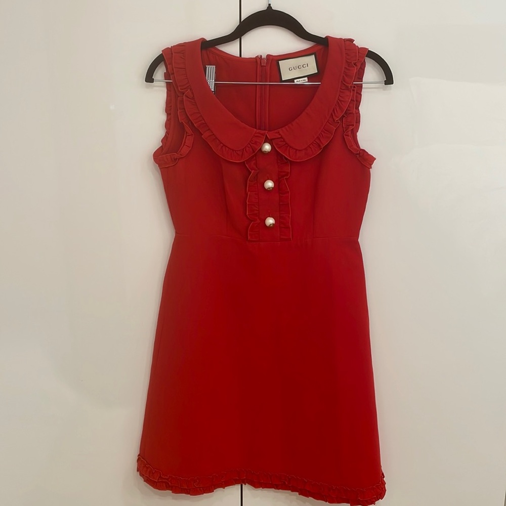 Gucci Red Ruffle Pearl Dress Size 40